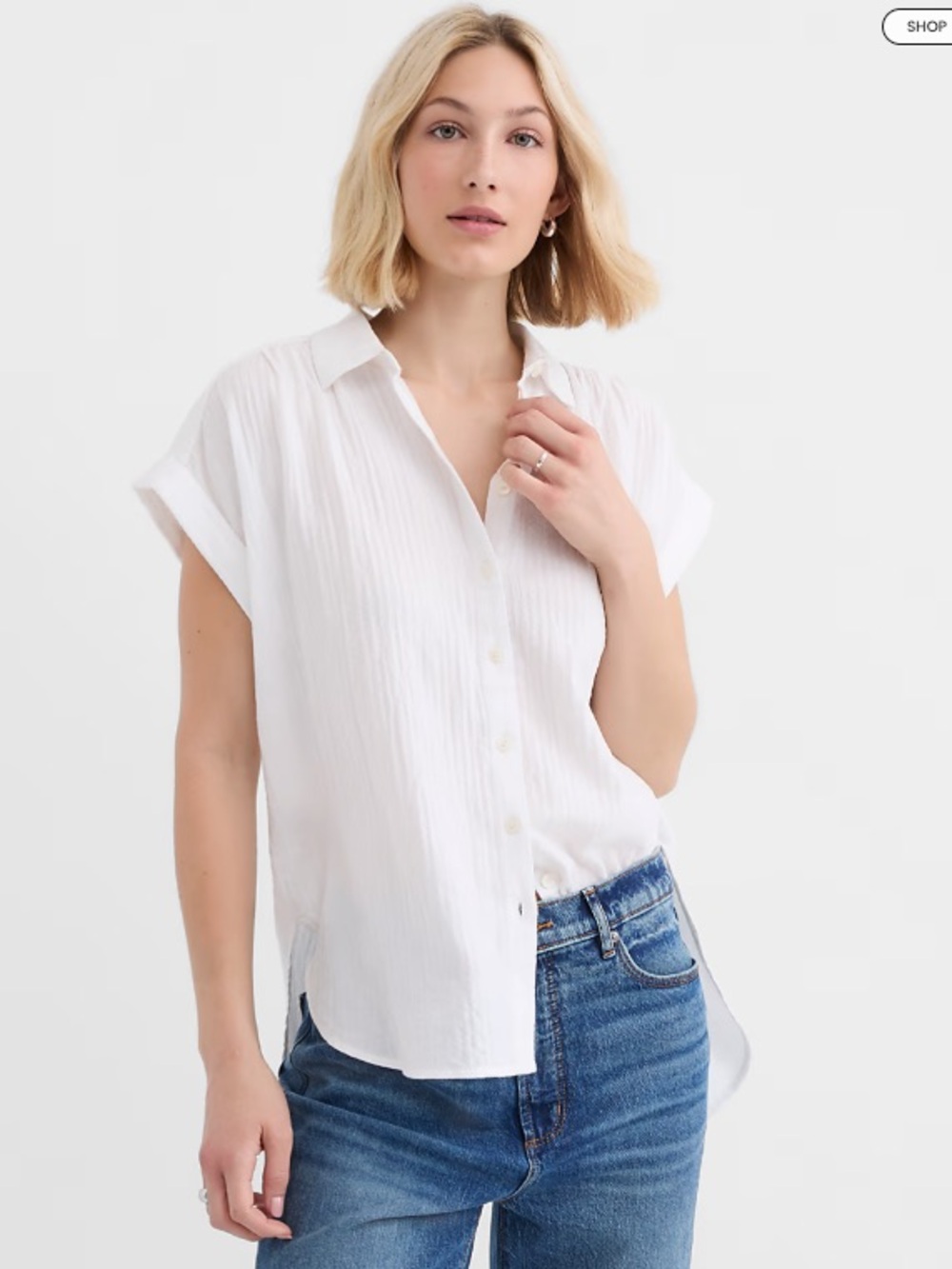 LOFT White Short-Sleeve Crinkle Dolman Button-Down Gauze Shirt